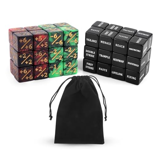 BOXOB 48stk Fähigkeiten-Schlüsselwörter-Zählwürfel, Kreaturenstatistik-Buff Loyalitätswürfel-Token Magic Life-Zähler für MTG TCG Kartenspielzubehör mit Samtbeutel Tischspiele Versammlungspartys