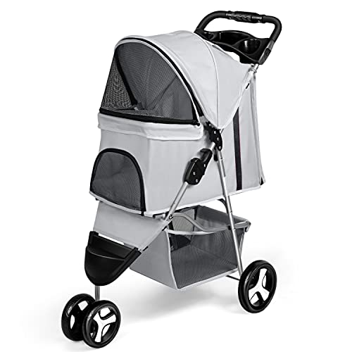Zevcri Haustier-Kinderwagen, Faltbarer Hundewagen mit 3 Rädern, mit Aufbewahrungskorb und Getränkehalter, für Kleine/Mittelgroße Hunde, Welpen (Hellgrau) Cover
