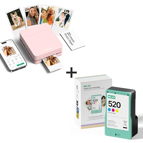 Nelko PP01 Fotodrucker Rosa + 1 Original Farbtintenpatrone + 20 Fotopapier - Tragbarer Mini-Aufkleber-Drucker für Smartphone, Smart AI App, kompatibe