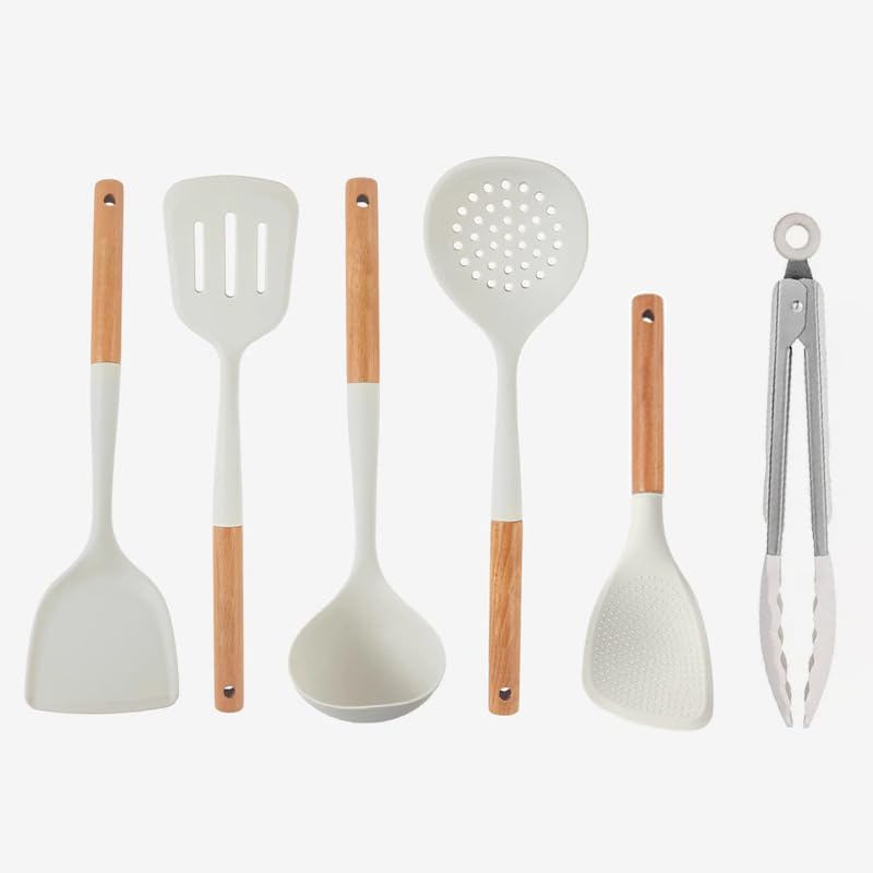 Silicone Kitchen Utensils Set, 25Pcs Nonstick Cooking Utensil Set with Wooden Handle, Heat Resistant Spatula Set for Cooking, BPA Free Silicone Kitchen Gadgets Tools with Spoons,Turners(White)
