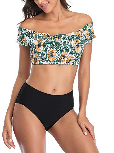 beautyin Womens Off Shoulder Ruffled Floral Printed High Waisted Full Coverage Bikini Swimsuits Sets Green S