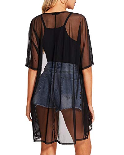 BelleLovin Womens Sexy Sheer Short Sleeve Cardigan See Through Mesh Cover Up (Small, Black)
