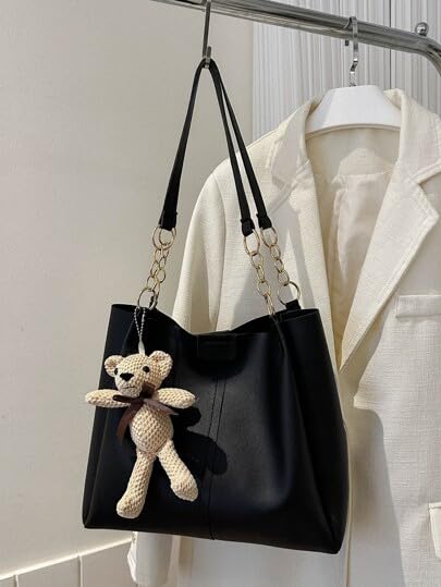 Image of AESTHETIC Women's Shoulder Handbag | Elegant PU Leather Tote with Chain Strap & Teddy Charm | Stylish Daily Use Purse for Office, College & Casual Outings-T-04