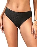 Zmart Women Full Coverage Bikini Bottoms - Mid Rise Bathing Suit Swim Bottom Swimsuit Swimwear Textured Balck Fabric M