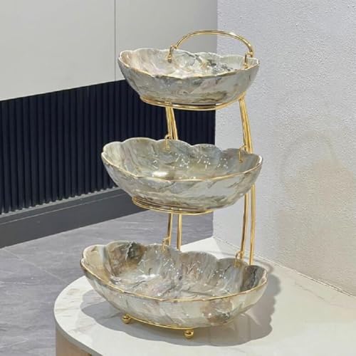 JUNYFFF 3 Tier Fruit Bowls for Kitchen Counter, Ceramic Fruit Bowl with Metal Rack, Porcelain Kitchen Bowls Veggies Snack Nuts Bread Candy Dessert Cake Tray,A