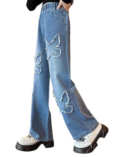 Girls Casual Butterfly Embroidered Baggy Jeans Trousers Kids Elastic Waist Wide Leg Pants Denim Pants3