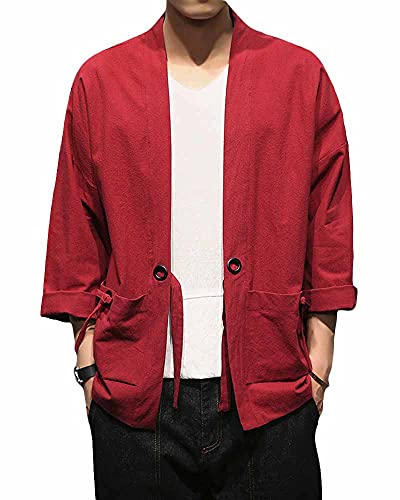 Image of Mens Kimono Cardigan Cotton Linen Japanese Shirt 3 /4 Sleeve Haori Yukata | Skin-Friendly Solid Color Lightweight Shawl Collar Kimono Robe Embroidery Button Tie Pockets Happi Coat All Season Daily Wear