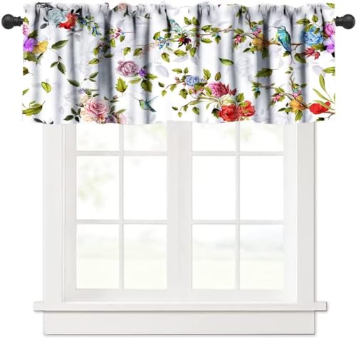 BenYaSong Flower Valances Curtains for Windows, Peony Rose and Hummingbird Pattern Valances, Rod Pocket Window Treatment for Bedroom Living Room Treatment Fabric 1 Panel 52Wx18H Inch