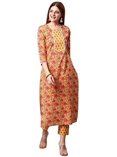 Image of GoSriKi Women's Cotton Blend Printed Straight Kurta With Pant