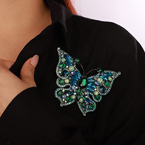 Image of Green Blue Rhinestones Beads Statement Butterfly Brooch Dancing Prom Brooch Pin for Unisex Groom Brides Wedding Jewelry