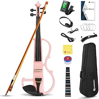 Vangoa Electric Violin 4/4 Full Size Silent Violin Set for Beginner Adults Teens, Solid Maple Wood Metallic Electronic Quite Violin with Ebony Fittings, Pink