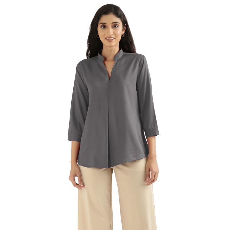 Image of SAADAA Top for Women, Viscose Pleated Tops, V-Neck with a Collar, 3 /4 Sleeve Length, Office & Casual Wear