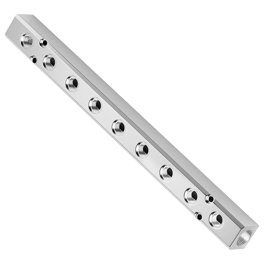 Colector de aire, 9 vías, 11 puertos, bloque de aluminio, colector neumático, bloque de distribución de aire, distribuidor de fuente de aire, plateado para automatización de fabricación industrial