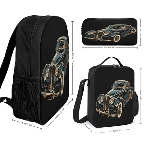 Printed Backpack With Lunch Pack Storage Box Case Classic Vintage Car 3pcs Lightweight Travel Backpack2