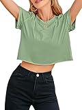 MEROKEETY Womens Round Neck Short Sleeve Crop Tee Shirt Classic Solid Color Workout Tops, DustyGreen, M