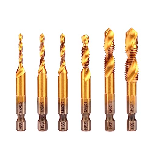 HSS 4341 Combination Tap Bit Set,HSS Screw Tap Kit,6PCS with M3 M4 M5 M6 M8 M10 HEX Shank Drill Bit (Golden Plus)