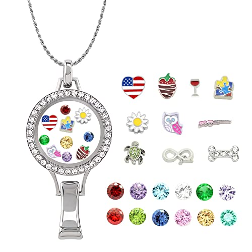 Dotiow Necklace Lanyard Badge Holders Floating Charm Glass Locket w/ 10pcs Charms 12 Months Birthstones, 31.5'' Stainless Steel Chain Gift Box for Women Nurse Teacher Office Workers Xmas Birthday Gift