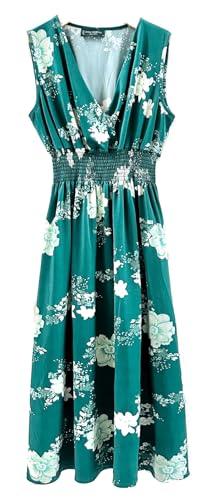 Image of Plum Feathers Casual Smocked Dress, Exotic Print Maxi /Midi Dress, V Neck, Plus & Regular Sizes, Maternity /Nursing Dresses