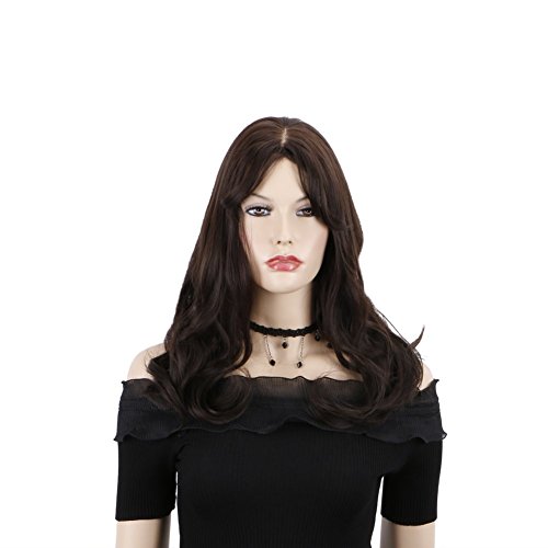 Creamily Dark Brown Long Curly with Bangs Heat Resistant Synthetic Hair Cosplay Wigs for Women with Free Wig(Dark Brown Medium Curly)