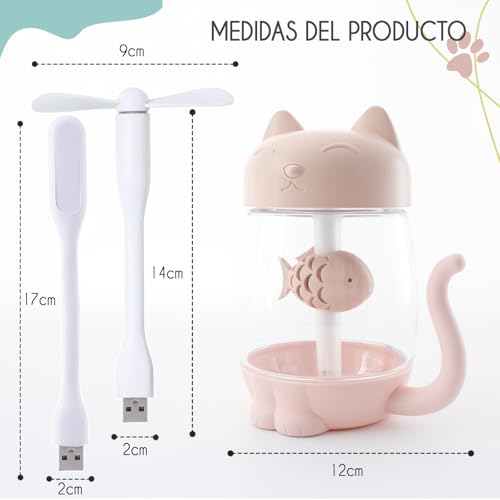Miniatura 4 de Mini Humidificador Infantil De Gatito 350ml Con Luz Led Usb Y Mini Ventilador Niebla Fría Silenciosa Para Niños Y Bebes Ideal Para Dormitorio Regalo Seguro Para Verano E Invierno Rosa