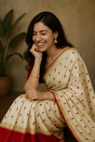 Image of Women's Glory Traditional Bengali Gorod Sarees Durga Puja Garad Silk Kanjivaram Goroder Lal Paar Sada Border Handloom Sari Banarasi Soft lichi Handmade Zari Buti Sadi