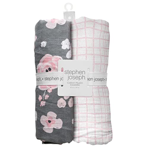 Image of Stephen Joseph Baby Swaddle Blanket, Unisex Swaddle Wrap Soft Muslin Swaddle Blankets, Receiving Blanket for Boys and Girls, 47 x 47 inches, Set of 2, Charcoal Flower