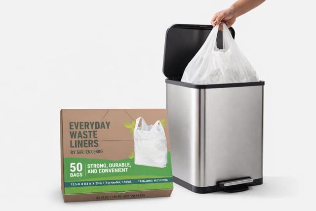Image of Biodegradable 13 Gallon White Kitchen Trash Bags with Ergonomic Handles (50 Pack) - Extra Strong, Leak-Proof & Thick 1.18 Mil - 15% Thicker Than Most - Fits Standard 13 Gal Cans - Eco-Friendly D2W