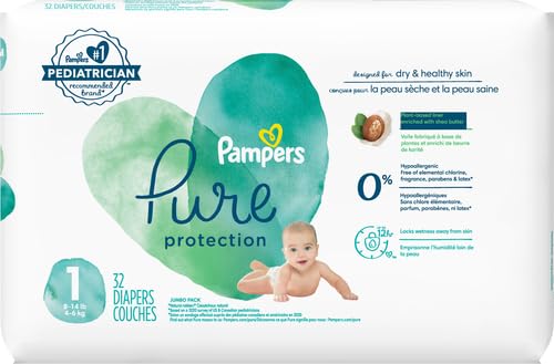 Image of Pampers Pure Protection Baby Diapers, Newborn Extra Small Size Taped Diapers, (NB /XS) Size 1, 32 Count [Hypo allergenic and unscented protection 0% chlorine paraben latex] (Pack of 2)
