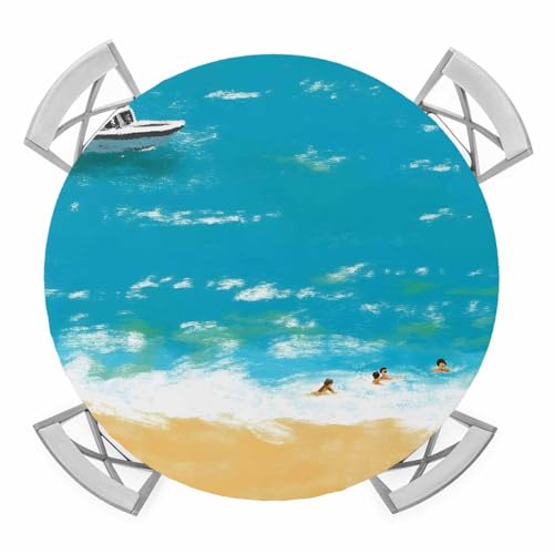 Round Fitted Tablecloth with Elastic Edge, Summer Blue Beach Waterproof Table Cloth Table Cover for 36"-44" Tables, Vintage Coastal Sea Cruises Oil Painting Tablecloths for Dining Picnic Outdoor
