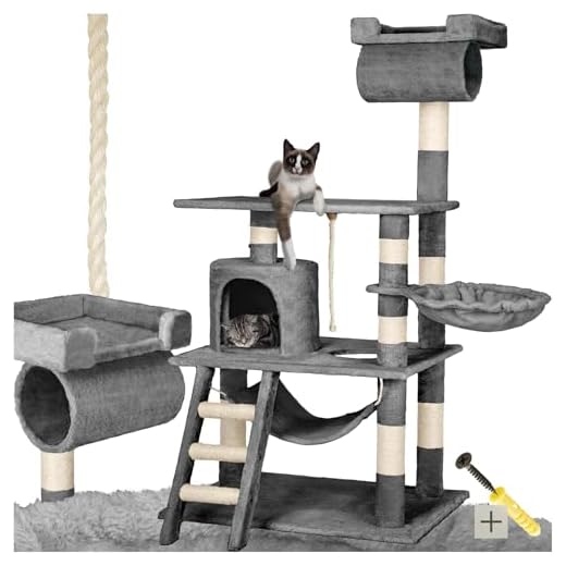 TecTake Arbre à chat griffoir grattoir geant | avec hamac et tunnel | hauteur 141 cm | diverses couleurs au choix (Gris | No. 402275)