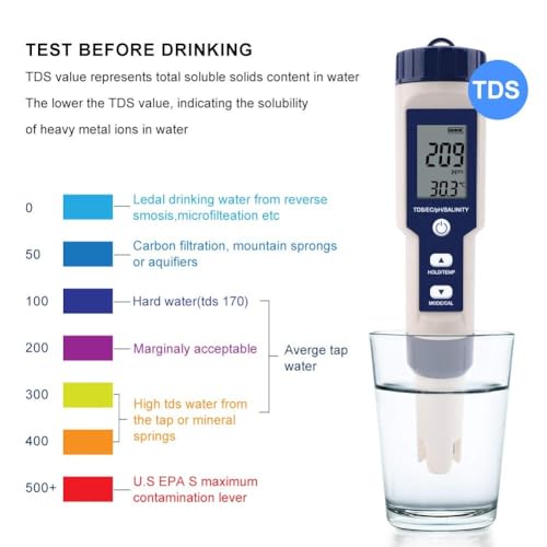 Testeur d'eau numérique 5 en 1 pour piscine au sel et spa avec pH-mètre
