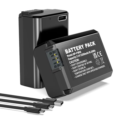 2 baterías de repuesto NP-FW50 de carga directa de 2200 mAh con cable de carga USB C 2 en 1 para Sony ZV-E10, A6500, A6400, A6300, A6000, A5100, A5000, RX10 II/III/IV, NEX 3/5/7&SLT-2 A Series,A 7