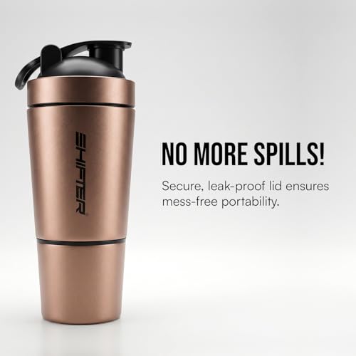 Image of Shifter Stainless Steel Gym Shaker Bottle 500ml | Protein Shaker with Mixer Ball | Leakproof Metal Blender Bottle| Gym, Fitness, Workout, Sports Water Bottle for Men & Women (BRONZE-2)