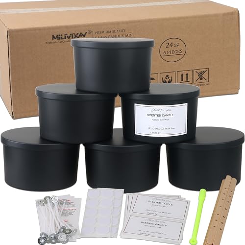 MILIVIXAY 6 Pack 24 oz Candle Jars with Metal Lids and Candle Making Kits - 3 Wick Candle Jars, Bulk Matte Black Thick Glass Containers for Large Candles - Spice, Powder Container.
