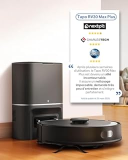 Tapo Aspirateur Robot Laveur 4 en 1 RV30Max Plus Vidage Automatique, Silencieux et Fin, Ultra puissante de 5300Pa, Navigation LiDAR, Auto-Charge Autonomie 150min, Tapis et Poils d'animaux