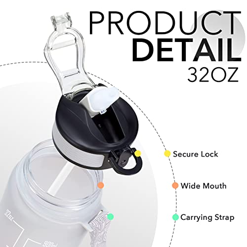 Image of HYETA 32 OZ Water Bottle with Times to Drink and Straw, Motivational Timed Marker Water Bottles with Strap, Leakproof & BPA Free, 1 Liter Reusable Sports Water Bottle for Fitness, Gym & Outdoors, Gray-Black