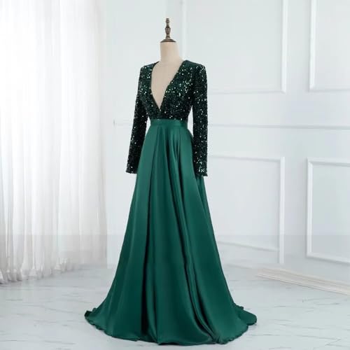 homdor Long Sleeve Sequin Prom Dresses for Women Sparkly Formal Evening Dress Satin Wedding Dress with Slit3