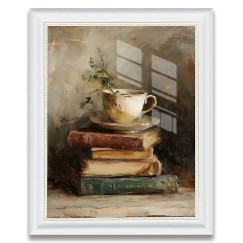White Frame Vintage Teacup and Books Canvas Wall Art, Rustic