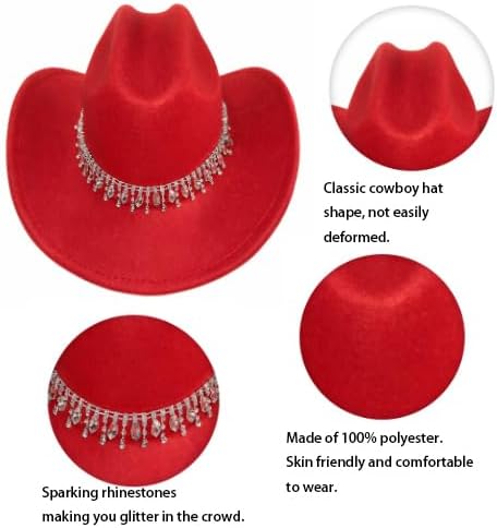 Western Womens Rhinestone Cowboy Cowgirl Hat Wide Brim Diamond Bling Cowgirl Hat for Women - Image 3
