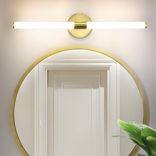 meoaow Lámpara de pared para baño con luz LED espejo - Lámpara 8W lámpara de pared 4000K blanco neutro moderna impermeable IP44 dorada para mueble de baño sótano cocina 60 CM