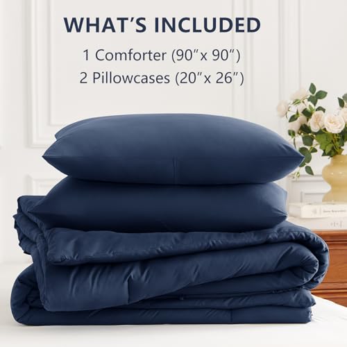 Image of HIMEET Queen Comforter Set, 3 Pieces 90 inchx90 inch with 2 Pillowcases, Navy Blue | 270GSM Down Alternative Fill, Oeko-TEX Certified, 8 Corner Ties Quilted, All Season, Fluffy Bed Set, Bedroom Decor Bedding