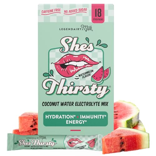 Legendairy Milk She’s Thirsty – Watermelon, Hydration Packets | Cortisol Supplement for Stress Relief & Adrenal Support | Coconut Water Electrolytes Powder, No Sugar Added 18 ct