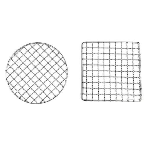 Sarini Lot de 2 grilles de Cuisson en Acier Inoxydable pour Barbecue, Grille de feu de Camp carrée et Ronde pour Camping, randonnée, pêche, Cuisine en Plein...