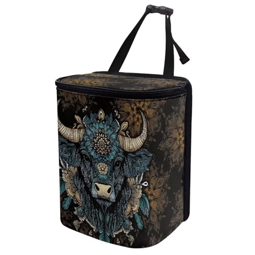 Image of Talayituse Highland Cattle Flower Print Car Trash Bin, Large Size Auto Trash Can Adjustable Portable Garbage Can with Lid, Vehicle Hanging Bag for Headrest Front Back Seat