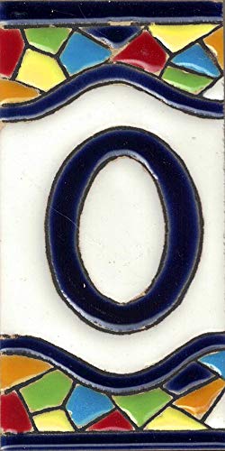 TORO DEL ORO Números casa. Numeros y Letras en azulejo. Ceramica esmaltada, Pintados a Mano técnica Cuerda Seca. Nombres y direcciones. Diseño Mosaico Mediana 5,5x10,5 cm (Número cero 0)