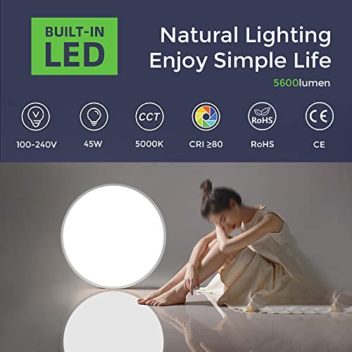 LightingWill 24 Inch LED Flush Mount Ceiling Light Fixture, 5000K Daylight White, 5600LM, 45W, Flat Modern Round Lighting Fixture, 400W Equivalent White Ceiling Lamp for Kitchens, Bedrooms.etc.