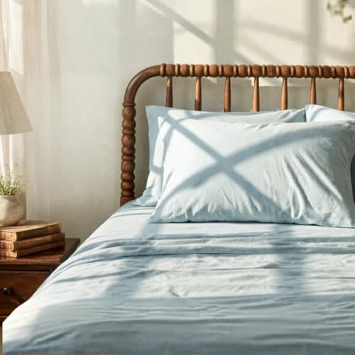Image of Blue Summer Queen Fitted Percale Temperature Regulating Bedsheet Set - 100% Cotton, Soft Fitted Bedsheet 80x60 in + Pillow Covers 18x27 in, Lightweight Bed Linen for All Seasons