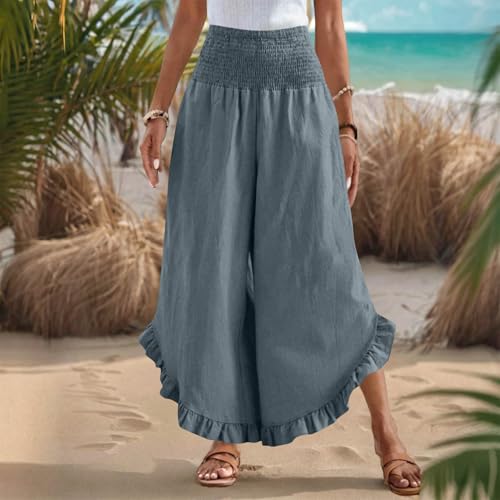 Flowy Pants for Women Wide Leg Pants Woman Casual Smocked High Waist Flowy Ruffle Hem Capris Beach Vacation Boho Trousers Gray4