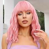 andromeda Pink Wig with Bangs Soft Short Wavy Bob Wigs for Women Synthetic Shoulder Length Women's Curly Wigs for Halloween Costumes Cosplay Daily (Pink)