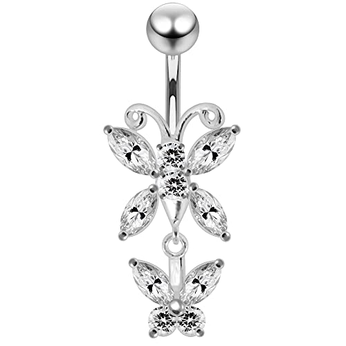 Clear Cz Gemstone Stylish Double Butterfly Dangling 925 Sterling Silver Belly Ring Body Jewelry #TOP13